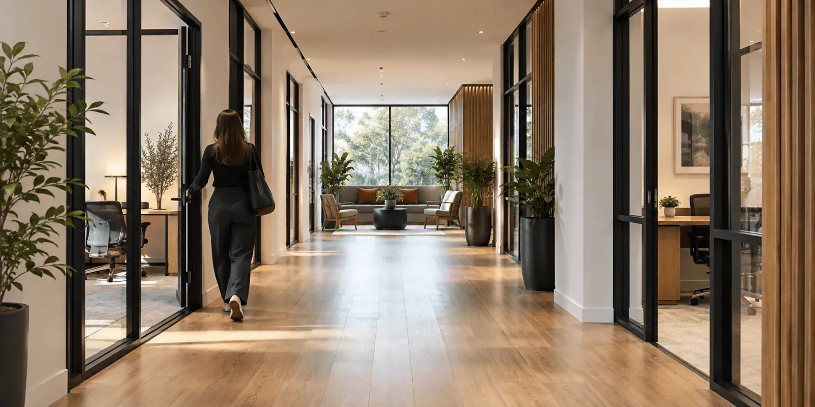 Corridor of glazed private offices leading to a lounge