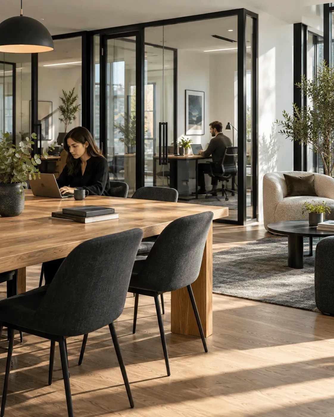 Shared oak table with glazed private offices behind
