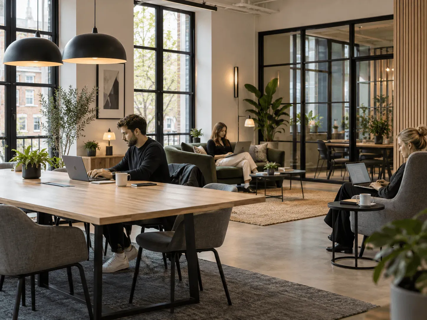 People working at a shared oak table and lounge seating in a bright coworking space