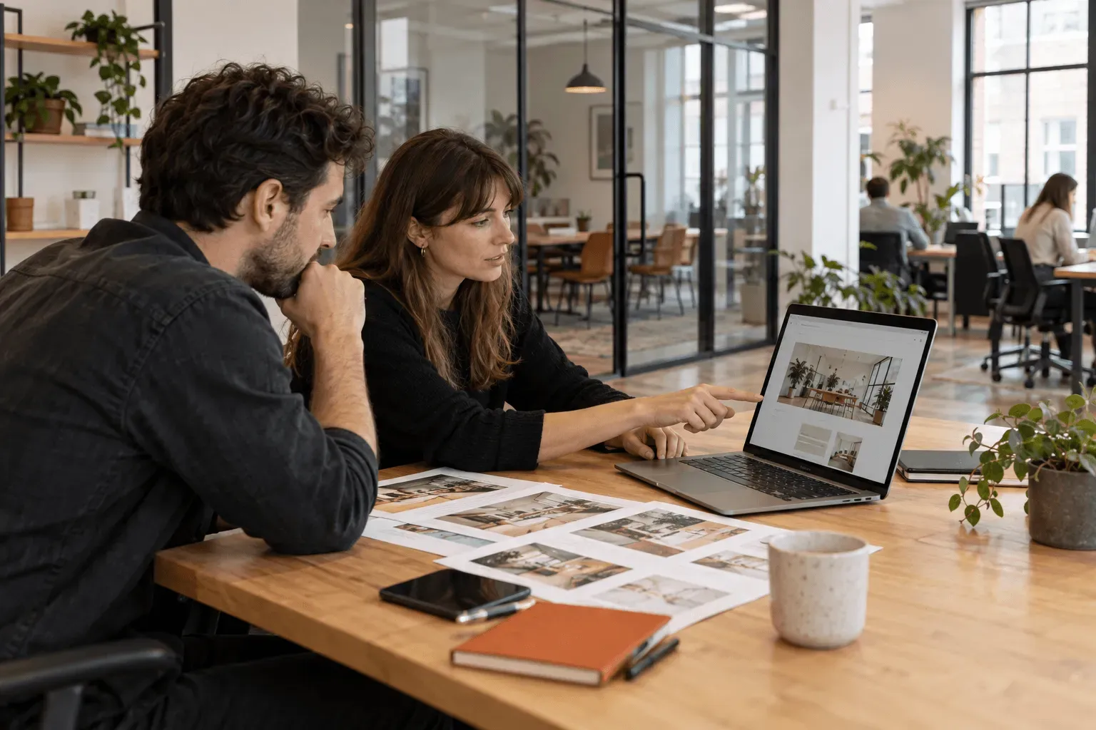 Two people planning a workspace website at a laptop with printed layouts
