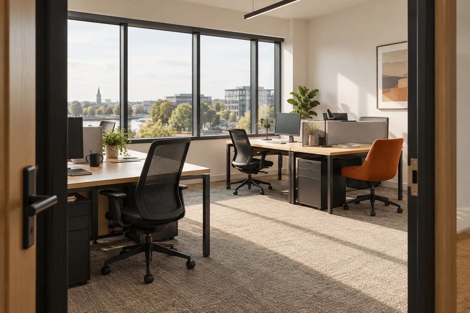A private office with desks and a river view, seen through an open door