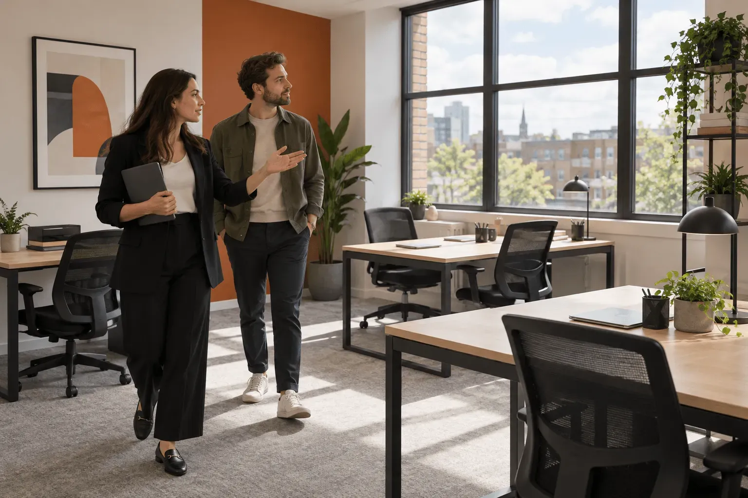 A workspace manager showing a prospective tenant around an office