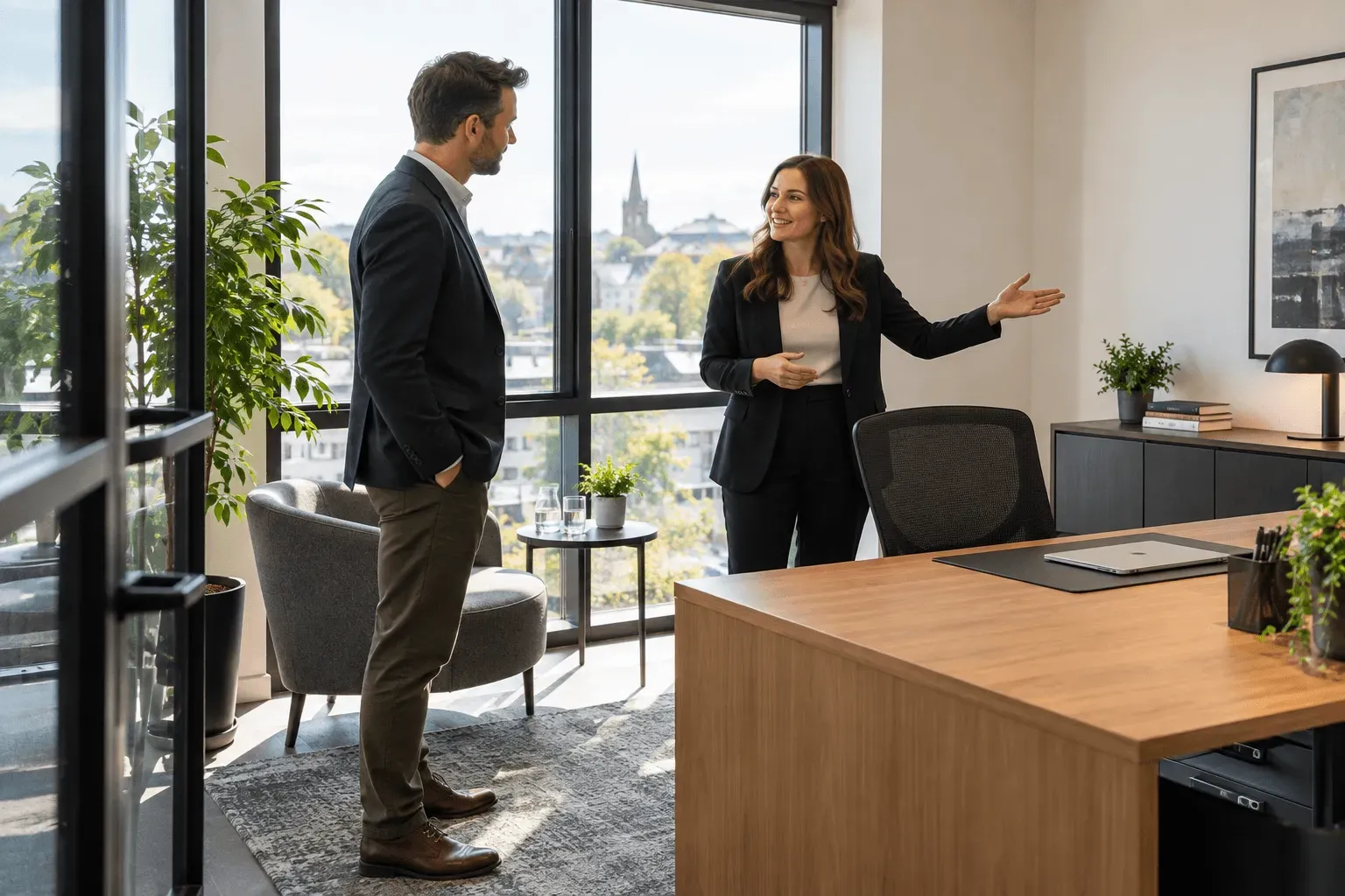 A prospective customer being shown a private office