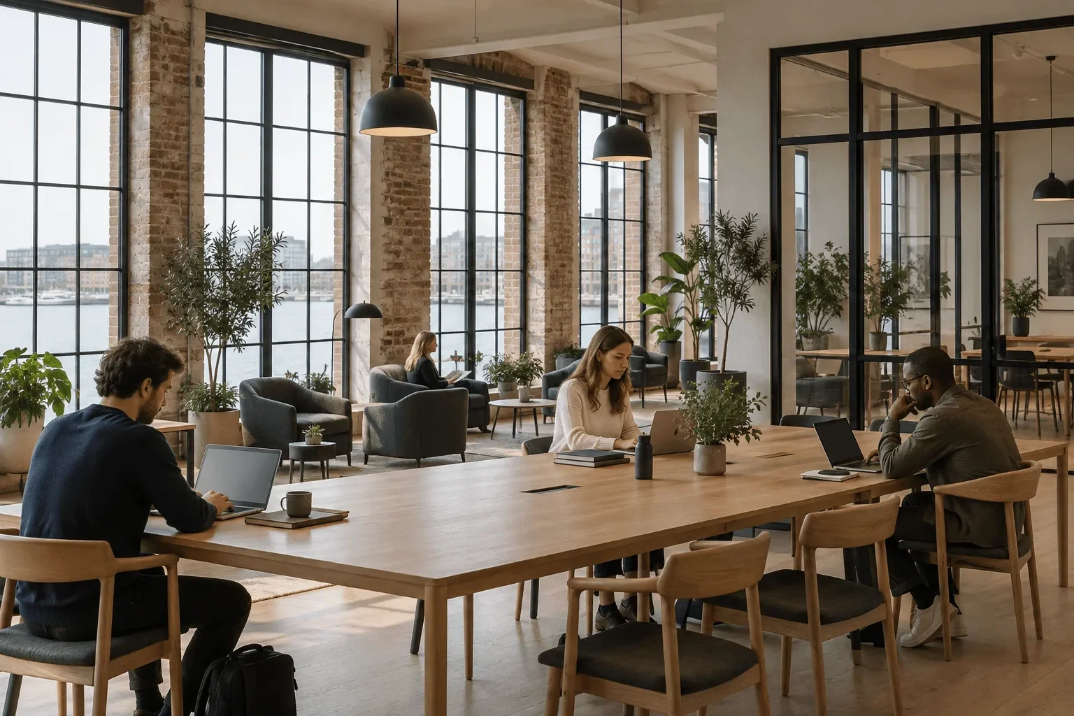 People working at a long oak table in a brick warehouse with tall windows over the harbour