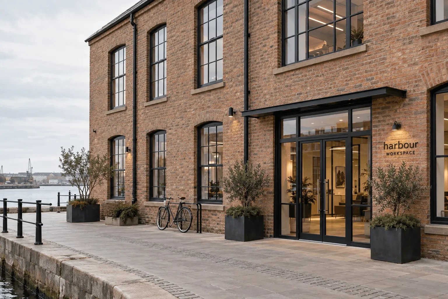 The brick warehouse entrance on the quayside, with the harbour beside it